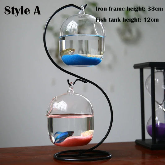 Double Deck Hanging Glass Fish Tank Bottle Aquarium with Metal Stand – Tabletop Decor