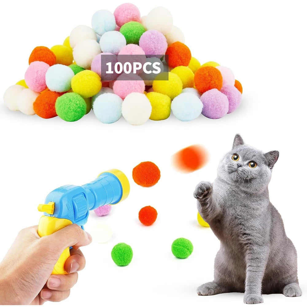 Plush Ball Shooting Gun – Interactive Cat Toy with 50 Pompoms