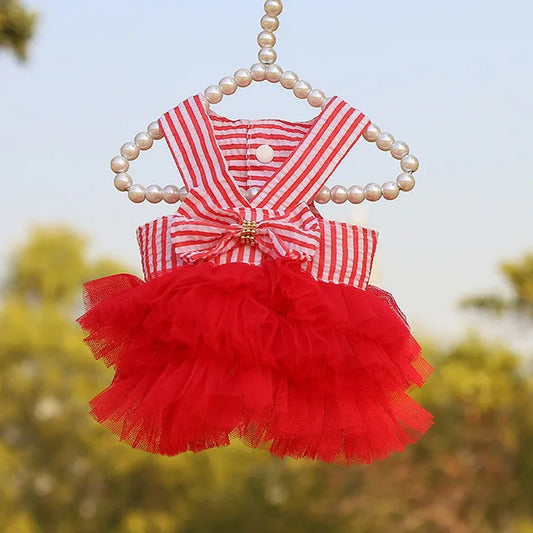 Small dog in a red and white striped summer dress with red net frills.

