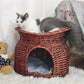 2-Tier Rattan Wicker Elevated Cat House Kitty Scratch Indoor Igloo Cat Bed Cave House Pet Bed Basket with Washable Soft Cushion