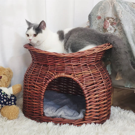 2-Tier Rattan Wicker Elevated Cat House Kitty Scratch Indoor Igloo Cat Bed Cave House Pet Bed Basket with Washable Soft Cushion
