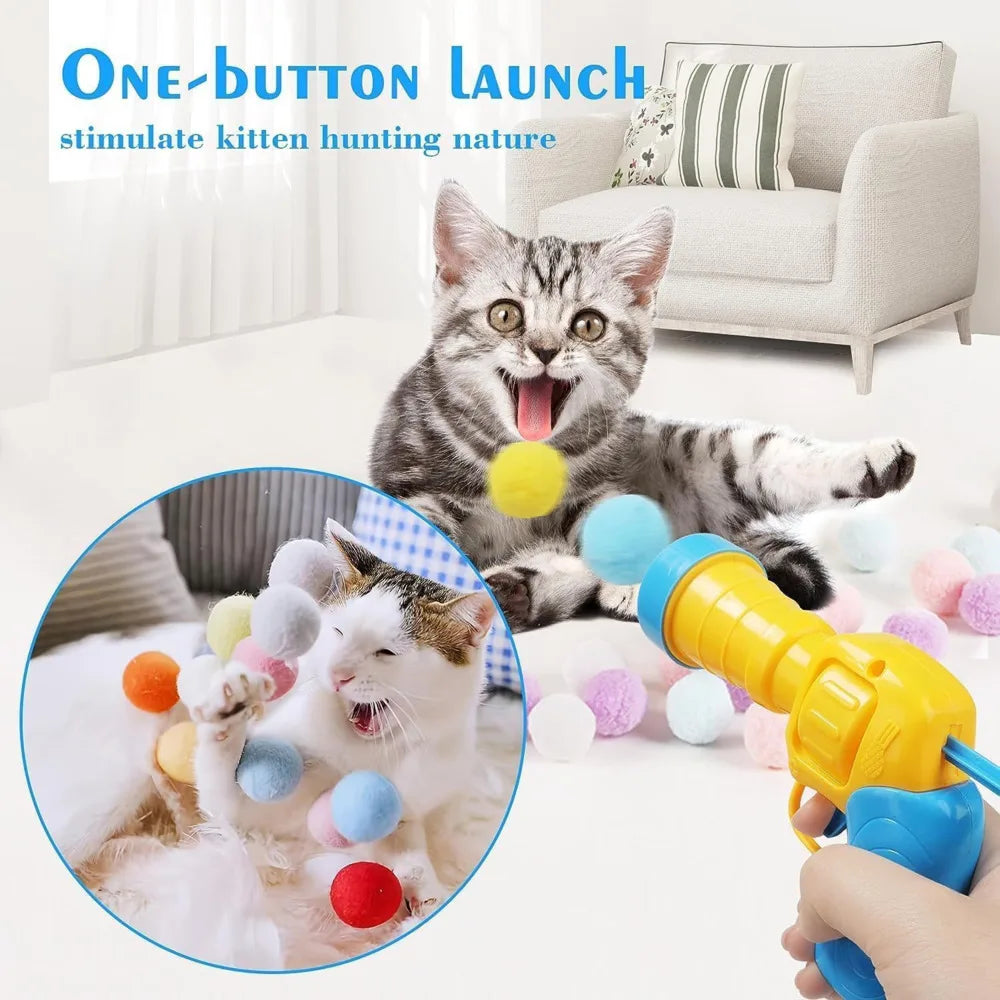 Plush Ball Shooting Gun – Interactive Cat Toy with 50 Pompoms
